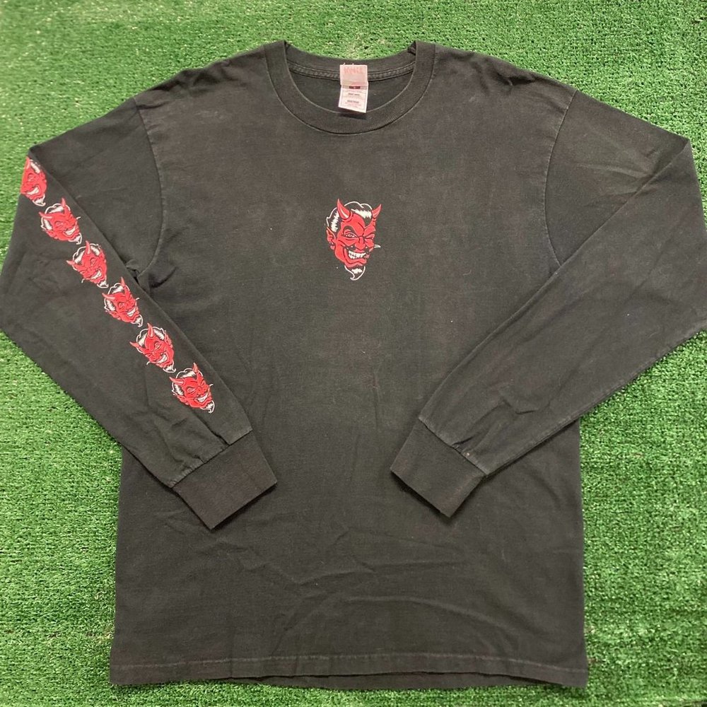 Vintage 90s Fashion Victim Devil Demon T-Shirt Long Sleeve Black L Grunge Punk